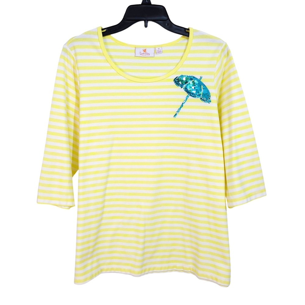 Quacker Factory Striped Sequin Umbrella Scoop Neck Top Womens 1X Yellow White